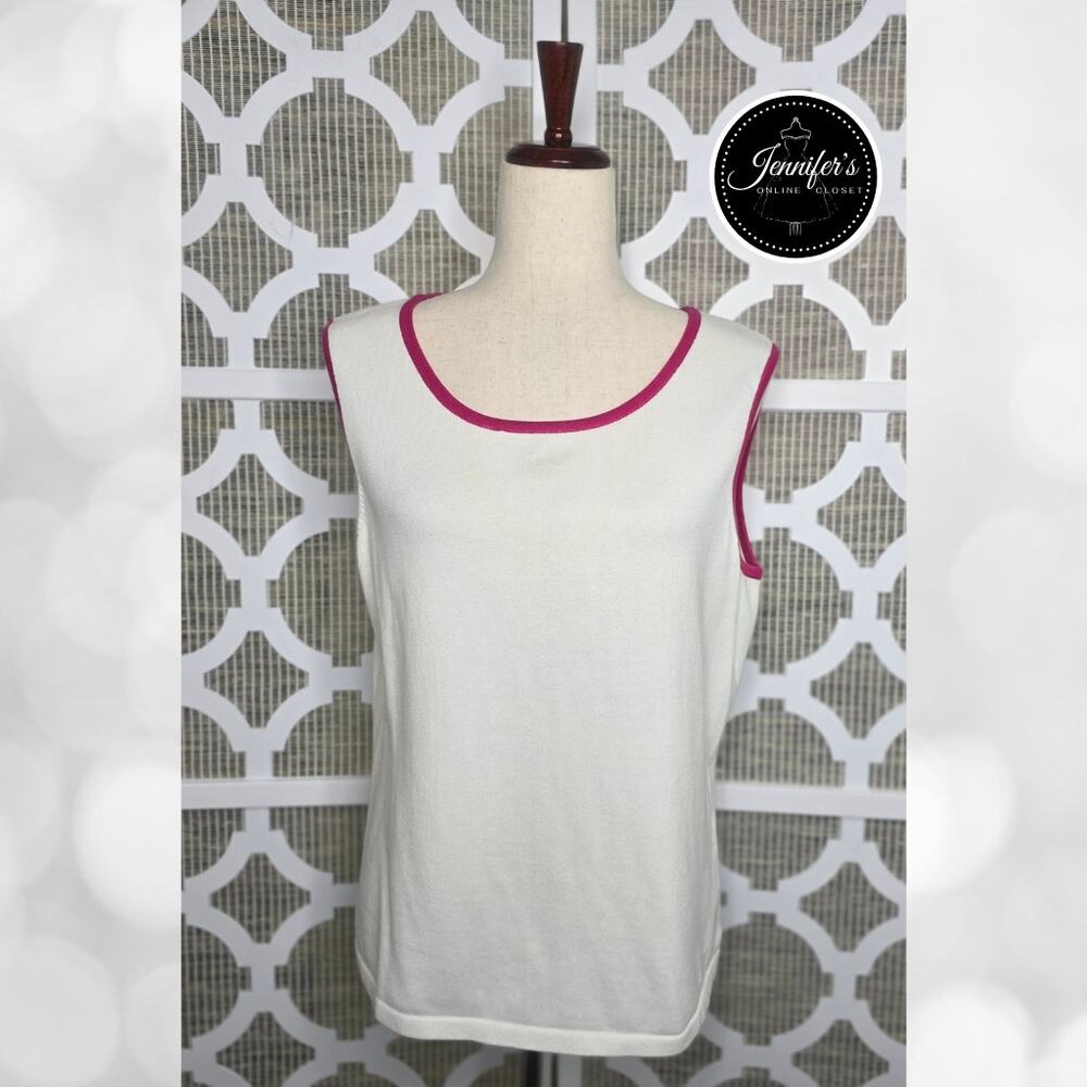 Talbots White w/Pink Trim Scoop Neck Sleeveless Cotton Blend Sweater Size L